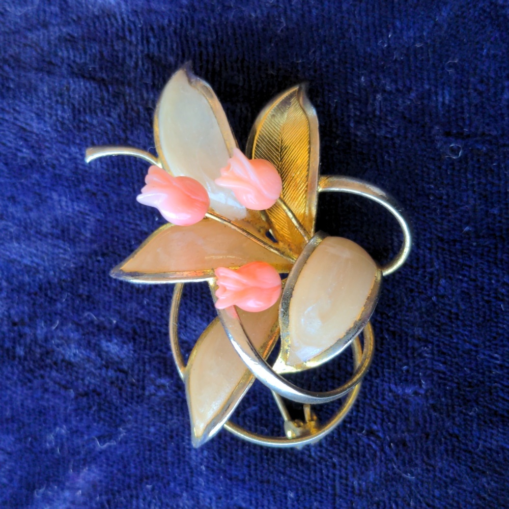 Vintage 14K gold Plated brooch - tulip flowers, carved natural angel skin coral